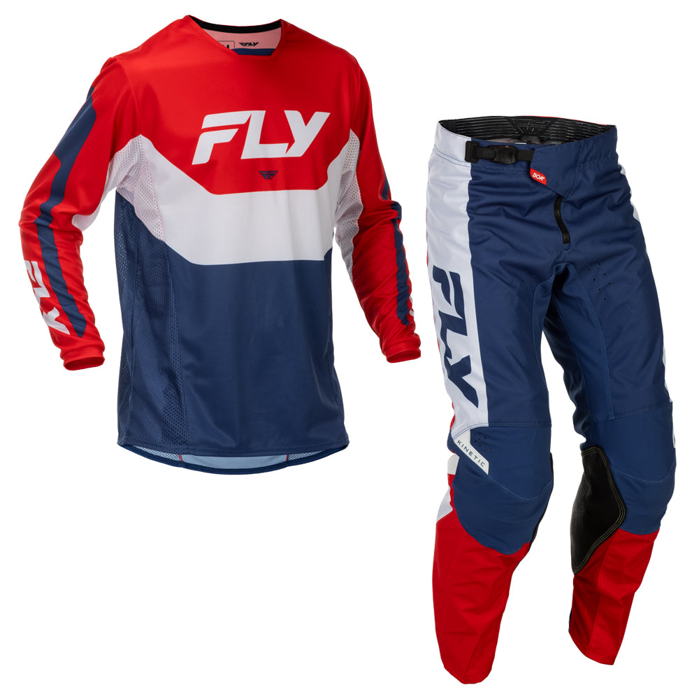 Fly Racing Kinetic Jersey & Pant Combo - Red, White with Blue