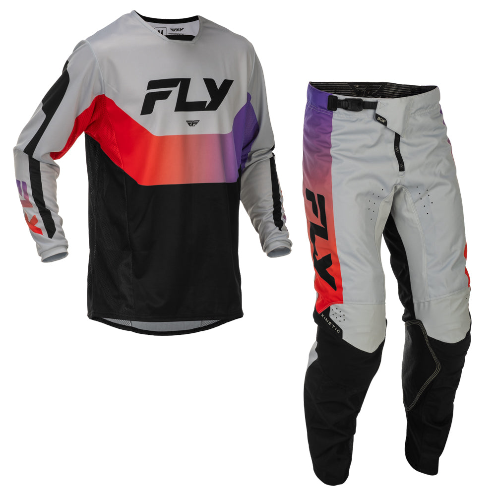 Fly Racing Kinetic Jersey & Pant Combo - Grey, Red, Purple with Black