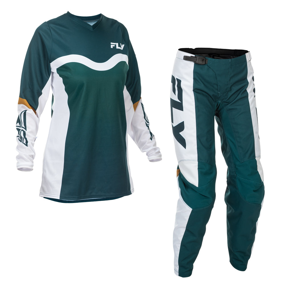 Fly Racing Women's F-16 Jersey & Pant Combo - Teal, White with Gold