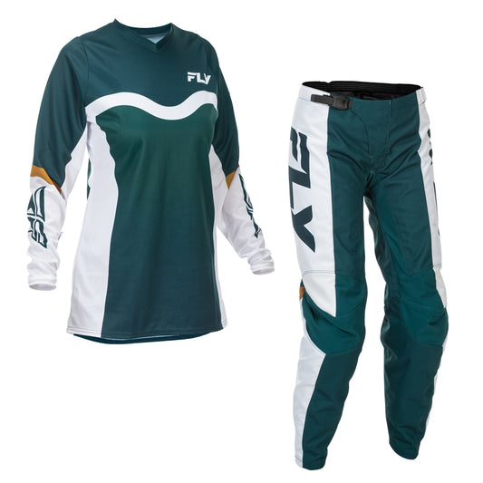 Fly Racing Women's F-16 Jersey & Pant Combo - Teal, White with Gold